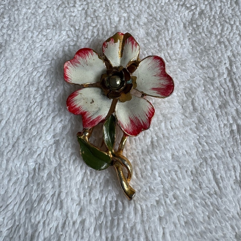 Vintage White & Red Enamel Antique Flower Brooch Pin